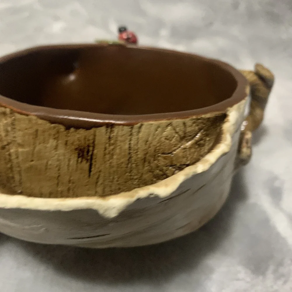 Unique Birch Bark Tree Stump Ceramic Vase Planter Mug Ladybug Handle Decorative